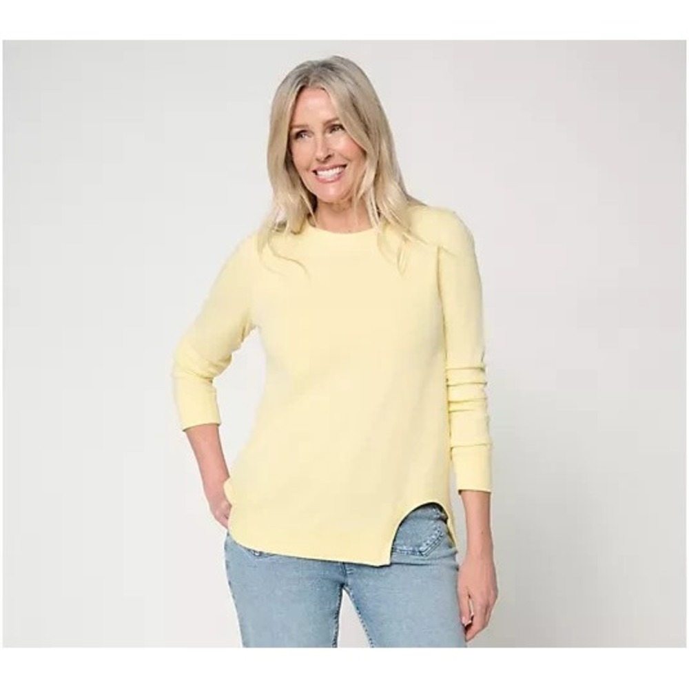Peace Love World Crew Neck Tunic with Cutout Hem Pale Banana XXS